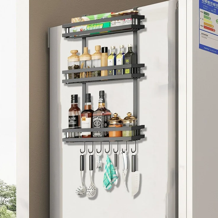 PFCTART Küchenorganizer-Set Hängeregal Küchenregal für Kühlschrank – 3-lagig & Metall, (Set, 1-tlg, Für Kühlschrank, Schrank & Möbel – Schwarz, Edelstahl), Ohne Bohren, inkl. Küchenreling & 7 Haken, starke Klebebefestigung – Bild 2