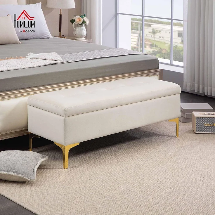 HOMCOM Sitzbank mit Gold-Ton Beine, Samtoptik, 120 x 44 x 44,5 cm (Polsterbank, 1-St, Bettbank), für Wohnzimmer, Beige – Bild 2