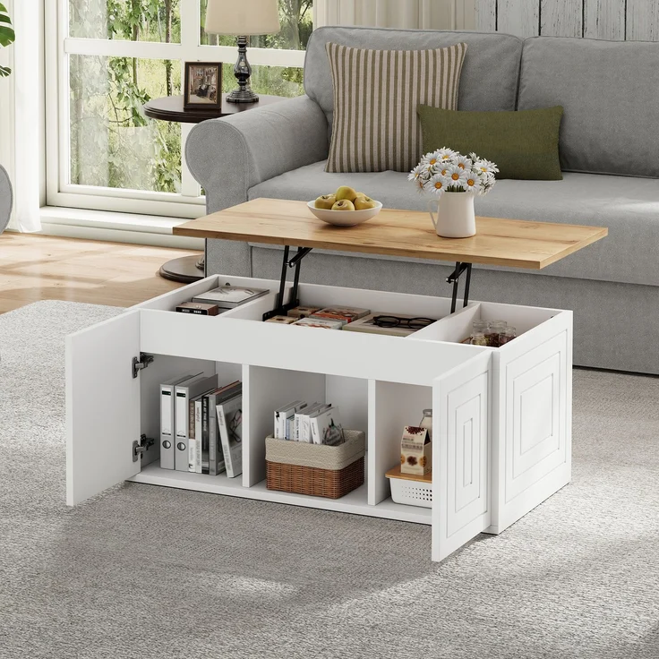 Couchtisch 46 x 95 x 45 cm, mit Höhenverstellung, in Holzoptik, Konstruktion aus Spanplatte, Weiß / Naturfarben – Bild 4