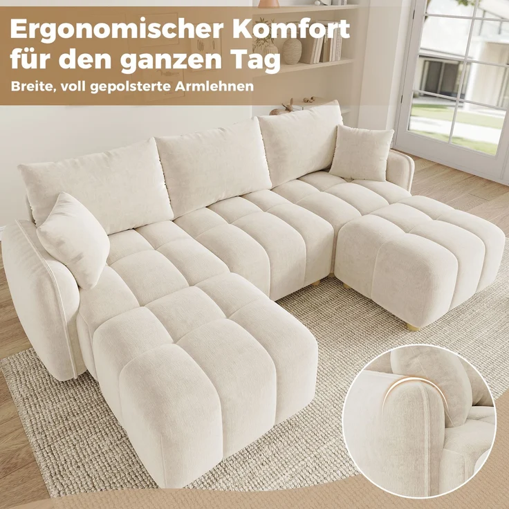 ZUBALIYA L-/U-förmiges wandelbares Ecksofa, 5-Sitzer modulare Sofakombination mit 2 Hockern und Kissen, Chenille-Stoff, Cloud-Sofa, breite Armlehnen, geeignet für Wohnzimmer, Schlafzimmer, Wohnung – Bild 10