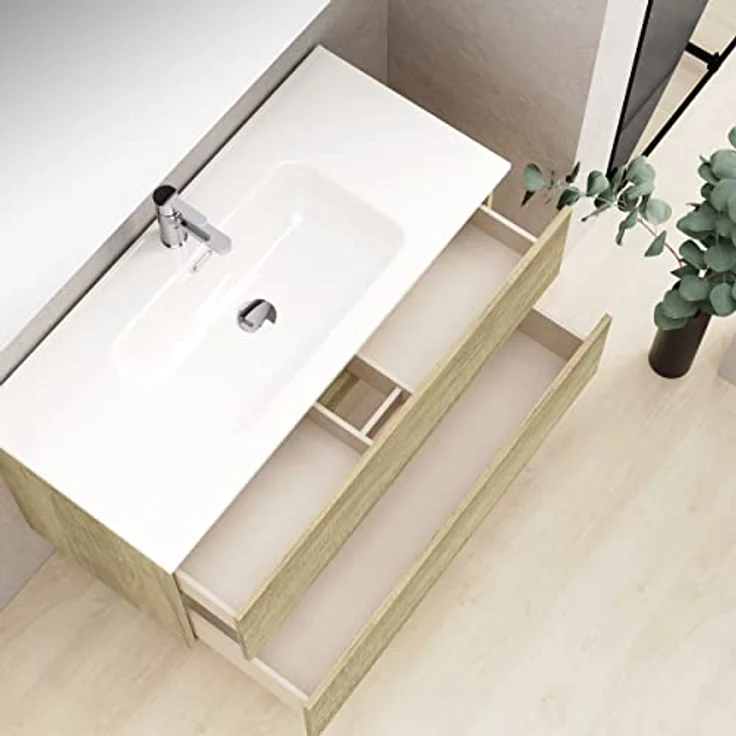 Baikal Badezimmerschrank, Zwei Schubladen, Wandmontage, mit Waschbecken, Melamin 16, montiert, Möbel 100 cm, Natur, mit Spiegel mit LED-Licht – Bild 5
