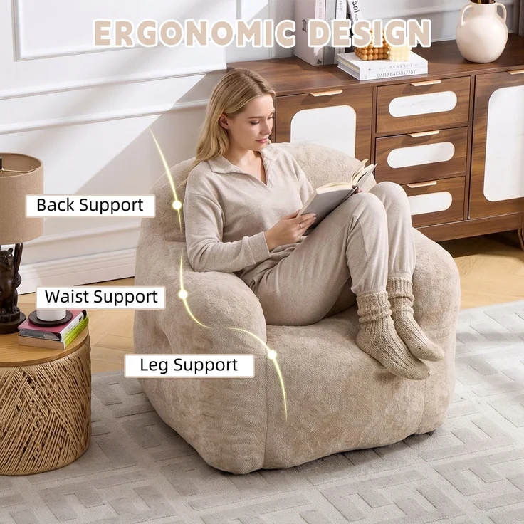 Sitzsack mit Füllung aus Schaumstoffflocken, Kunstfell-Sitzsacksofa mit Armlehnen, für Wohnzimmer, Schlafzimmer und Leseecke, keine Montage erforderlich, Beige – Beige – 95 x 95 x 79 cm – YOUDENOVA – Bild 5