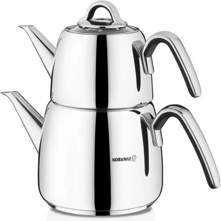 Korkmaz Caydanlik-Teekanne Vertex A197, 3 l, 18/10 Edelstahl, geeignet für alle Herdarten, mit ergonomischen Silikongriffen und Tropffreiem Ausguss