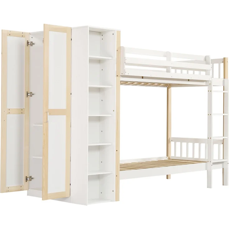 Merax Etagenbett, 90x200cm Kinderbett mit Fallschutz und Gitter, mit 4-stufiger Leiter, 6 offenen Regalen, Kleiderschrank seitlich, Reichlich Stauraum, Kiefer+PB, Weiß+Natur – Bild 9