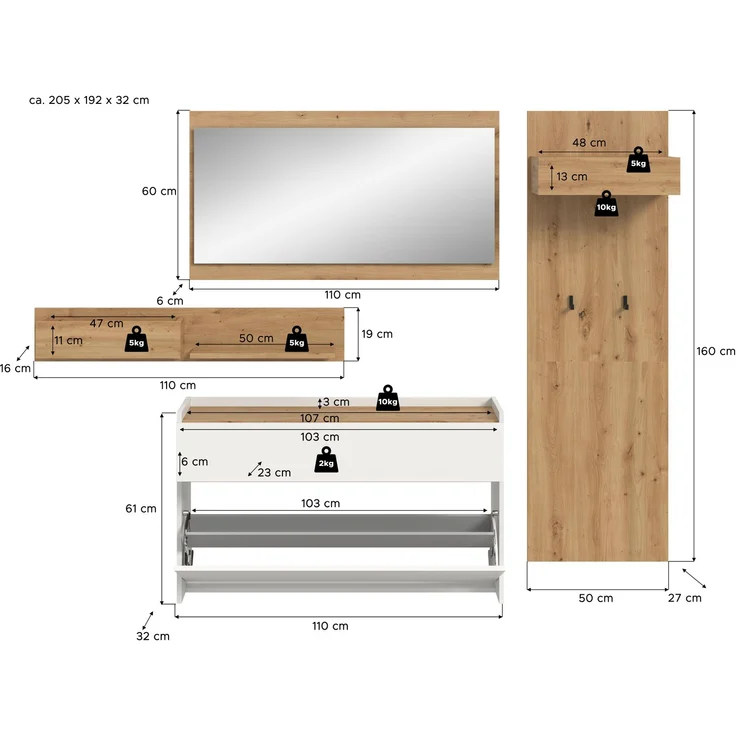 Garderobenkombination B/H/T: 192x205x32 cm in weiß Nachbildung und Artisan Oak Nachbildung – Bild 4