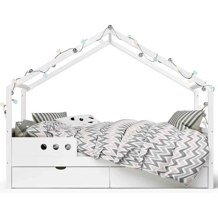Bellabino 'Bela' Hausbett 90x200 cm mit Matratze und großer Schublade, weiß, Kiefer Massivholz, Montessori Kinderbett mit Stauraum, inkl. Rausfallschutz und Lattenrost – Bild 11