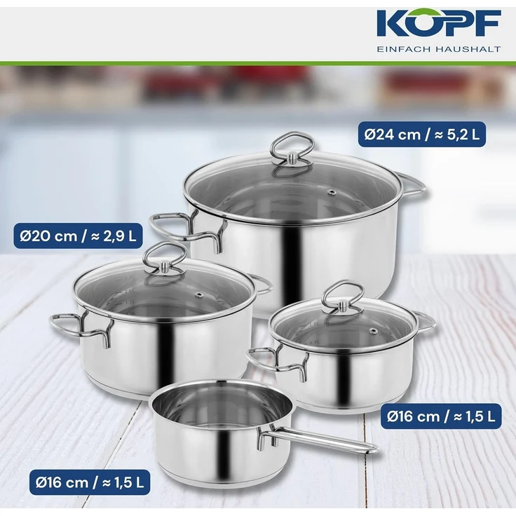 Kopf Topf-Set Merkur 4-teilig, Edelstahl (4-tlg), Induktionstöpfe mit Schüttrand, Literskala und Glasdeckel – Bild 3