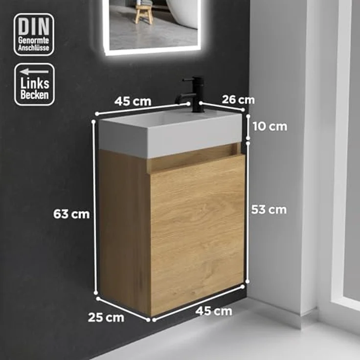 Alpenberger Badmöbel-Set Gäste WC Waschbecken mit Unterschrank - Badschrank Hängend, (2-tlg. Waschtisch Set Eiche Natur, Waschbeckenunterschrank mit Softclose), Waschplätze für Kleine Bäder - Badschrank Hängend und Vormontiert – Bild 7