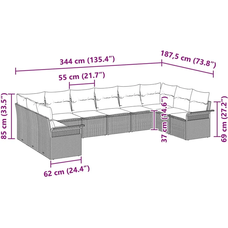 vidaXL Gartensofa-set mit Kissen 10 pcs Grau Poly-Rattan 3345545 – Bild 11