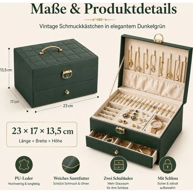 Fyrove Schatzkiste Vintage Schmuckkästchen aus PU-Leder mit Schloss (zwei Schubladen, große Aufbewahrung für Ringe, Ketten, Ohrringe und Uhren, ideales Geschenk für Frauen zum Geburtstag, Weihnachten & Valentinstag) – Bild 2