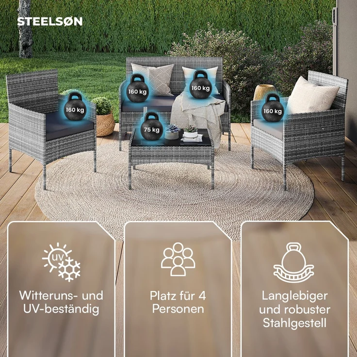 STEELSØN 'Thalora' Gartenlounge2 Set, 4-tlg. Sitzgruppe mit Sofa, 2 Stühlen und Tisch, inkl. Kissen, grau-meliert/anthrazit, aus Polyrattan – Bild 3