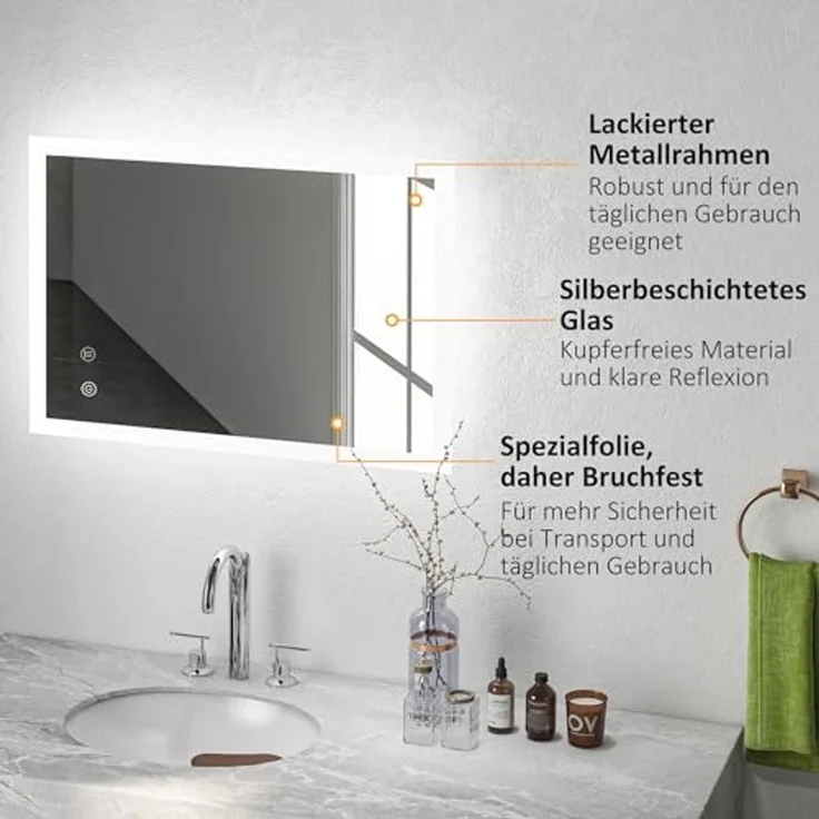 Kleankin Spiegel Badspiegel mit LED-Beleuchtung, Lichtspiegel mit Touchschalter (beschlagfreier Wandspiegel mit 3 Lichtfarben, 1-St, IP44 Wasserdicht), Memory-Funktion, 70cm x 50cm x 3cm – Bild 6