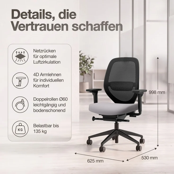 ASSMANN Ergonomischer Bürostuhl Atessa mit Netzrücken Hellgrau 63x53x100cm Textil – Bild 6