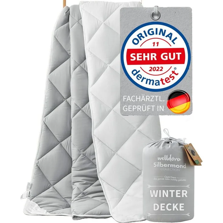 Welldora Microfaserbettdecke, Allergiker Bettdecke, Ultra warme Winterdecke, Wendedecke Silbergrau-Weiß, Premium Steppdecke