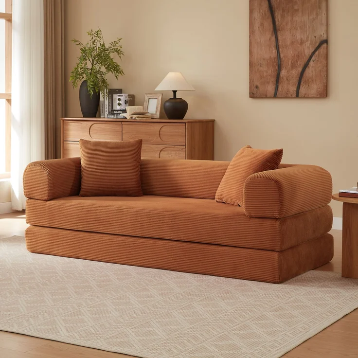 Sofa in Terracotta, wandelbar zum Schlafsofa, Veloursbezug, Kaltschaum, stabile Konstruktion,59x195x89 cm – Bild 1