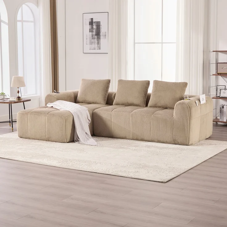 LVHOM Ecksofa 3 sitzer, Bodensofa mit Seitentaschen und Getränkehalter, Polstersofa aus Cordstoff, frei Kombination, Modulares Chaiselongue-Sofa-Set, 253x158x61 cm – Bild 10