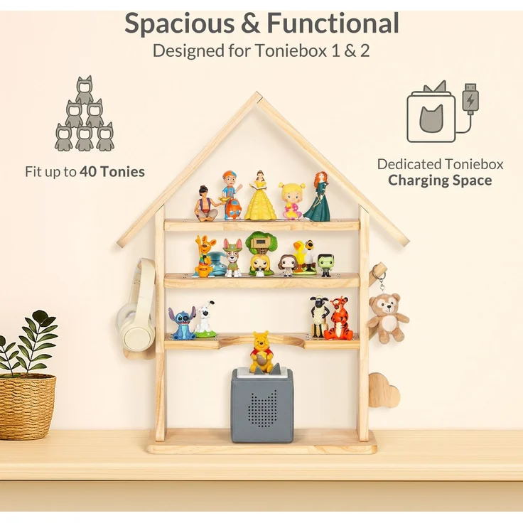 Todeco Toniebox Regal aus Holz, Magnetische Aufbewahrung für 30-40 Tonie Figuren, Verstärkte Magnetleisten, Seitenhaken, Freistehende Regale, Kinderregal für Mädchen & Jungen, Hausförmiger – Bild 3