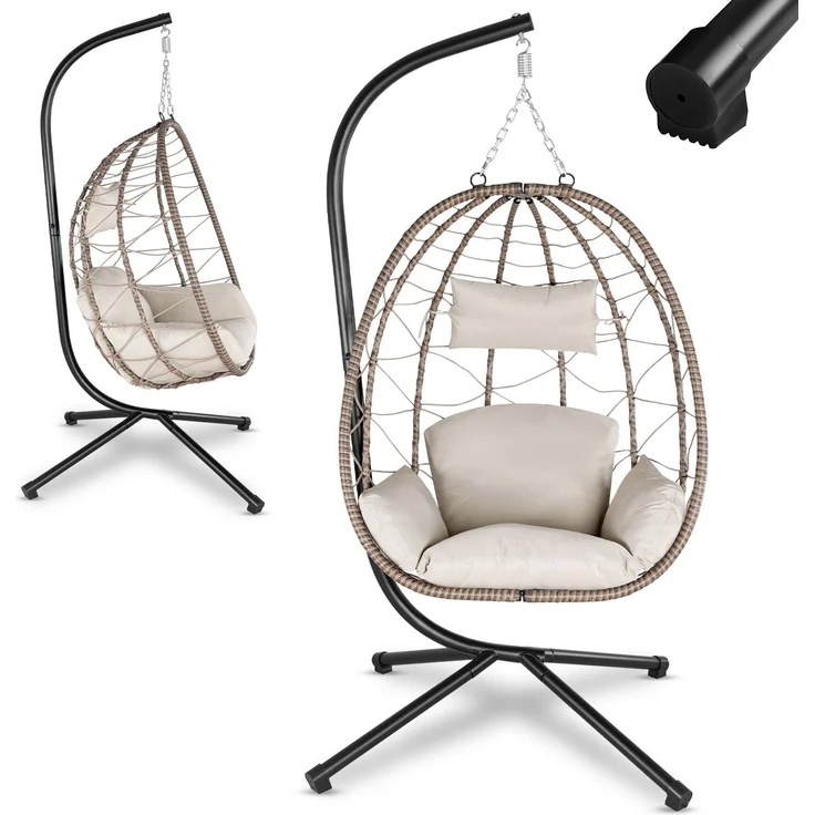 Juskys 'Aria' Hängesessel mit Kissen, höhenverstellbar & faltbar, Polyrattan beige, bis 130 kg belastbar – Bild 1