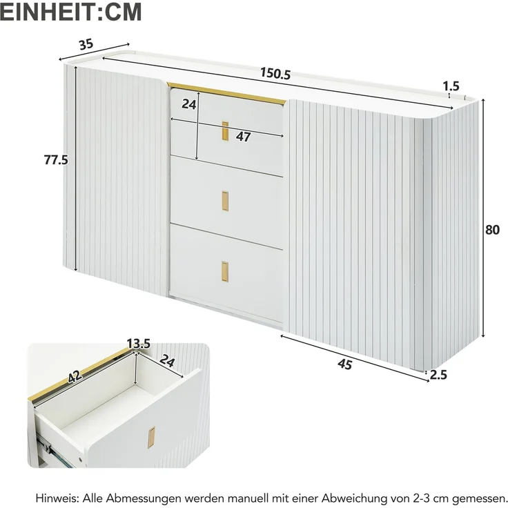 DESVIAE Sideboard Weiß aus Spanplatte – 150x80x35 cm – 3 Schubladen, LED-Beleuchtung – Bild 8