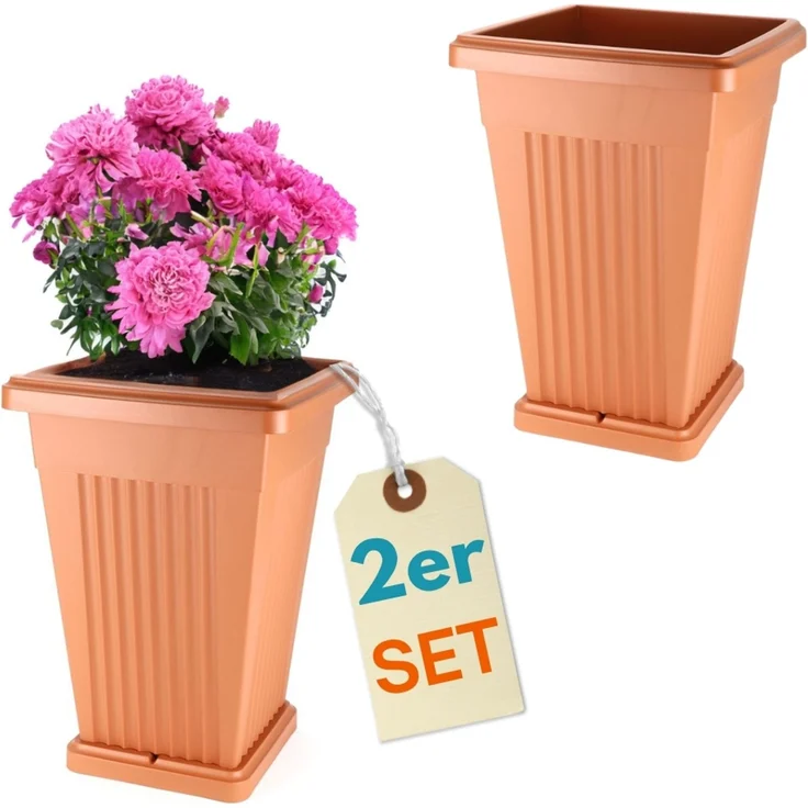 GarPet Pflanzkübel 2er Set Pflanz Kübel Pyramide Groß Blumen Untersetzer 50 Terrakotta – Bild 1