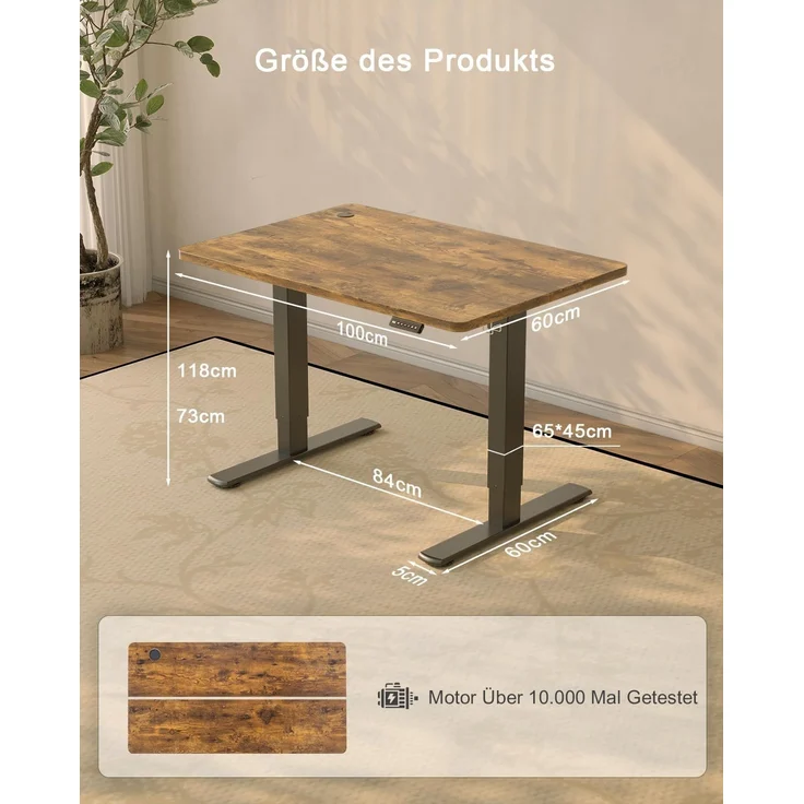 JUMMICO Schreibtisch elektrisch höhenverstellbar mit USB-Ladeanschluss, Braun, 100x60 cm – Bild 3