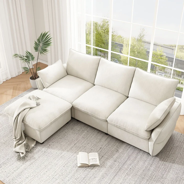 Merax 222cm Ecksofa mit Ottomane (inkl. 1 Hocker), 3-Sitzer Sofa aus Chenille, Beige – Bild 5