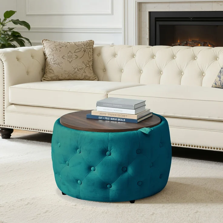 Hocker-Set 59,6x59,6x38 cm aus blauem Samt mit Stauraum und Holztablett – Bild 3