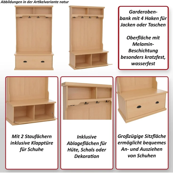 Garderobe HWC-P27, Flurgarderobe Holzgarderobe Sitzbank, 4 Haken Staufach Ablage Melamin 163x100x47cm ~ dunkelgrau – Bild 2