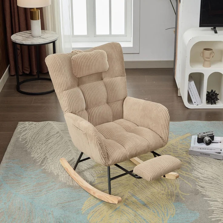 Schaukelstuhl aus Cordstoff in Braun mit hoher Rückenlehne, Beinstütze, Seitentasche, Relax Sessel für Wohnzimmer & Babyzimmer – Bild 4