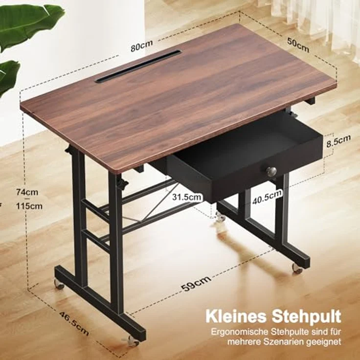 GTPLAYER Höhenverstellbarer Schreibtisch, Computertisch Laptoptisch mit Schubladen,Tisch höhenverstellbar 80 * 50*(73-115) cm, Standing Desk mit Rollen – Bild 2