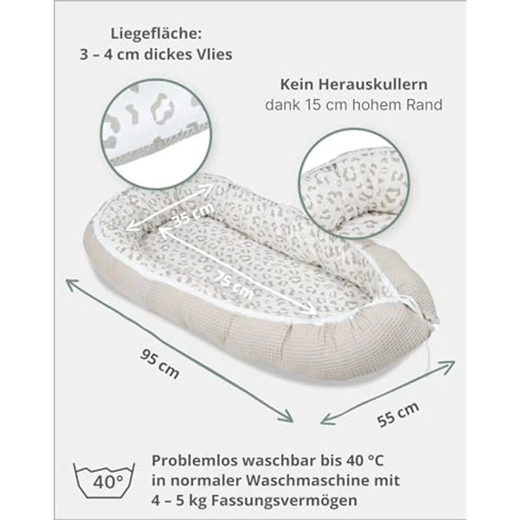 ULLENBOOM ® Bettnestchen Kuschelnest Baby 55x95 cm, kuscheliges Babynest, Made in EU, (1-tlg), Ideal für Neugeborene als Reisebett, Leo – Bild 4