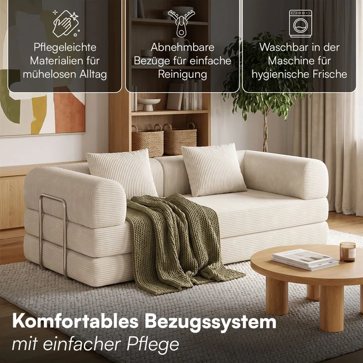 skølm 'Lofn' Modulares Sofa 2 Sitzer, 200x100 cm, Vollschaumcouch mit Metallgestell, Cord beige, Schlafsofa vakuumverpackt, kein Aufbau erforderlich – Bild 7