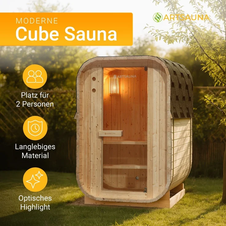 Artsauna Fasssauna Nolvik S, Outdoor-Sauna aus Fichtenholz, 3,6 kW Ofen, LED, Komplettset mit Sanduhr, Eimer & Thermometer, winterfest, Cube Design – Bild 2