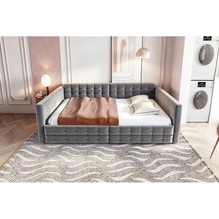 EINHOM Polsterbett Schlafsofa 140 x 190 cm, Klassisches Vollflächiges Karomuster, Staufächer an den Bettseiten, Zwei Schubladen unter dem Bett, Gäste oder als Einzelbett, Samtstoff, 140 x 190 cm, Grau, (Ohne Matratze) – Bild 7