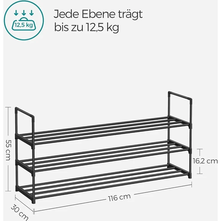 Songmics Schuhregal mit 3 Ebenen, Schuhständer aus Metall, Schuhaufbewahrung, Schuh-Organizer für 15-18 Paar Schuhe, stapelbar, für Flur, Wohnzimmer, Schlafzimmer, 30 x 116 x 55 cm, schwarz LSA033B01 – Bild 3