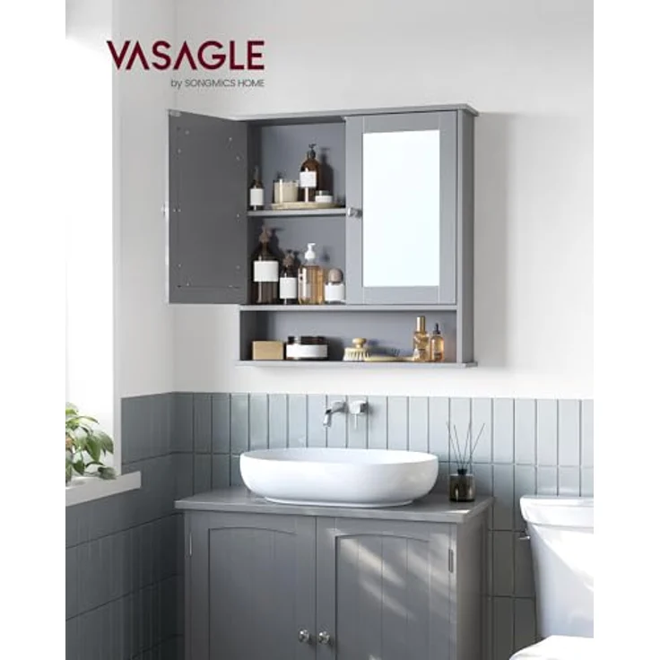 VASAGLE Spiegelschrank, Badschrank, Wandschrank, Hängeschrank mit 2 Spiegeltüren und offenem Fach, verstellbare Ablage, Wandmontage, 13 x 56,5 x 58,5 cm, Taubengrau LHC002G02 – Bild 3