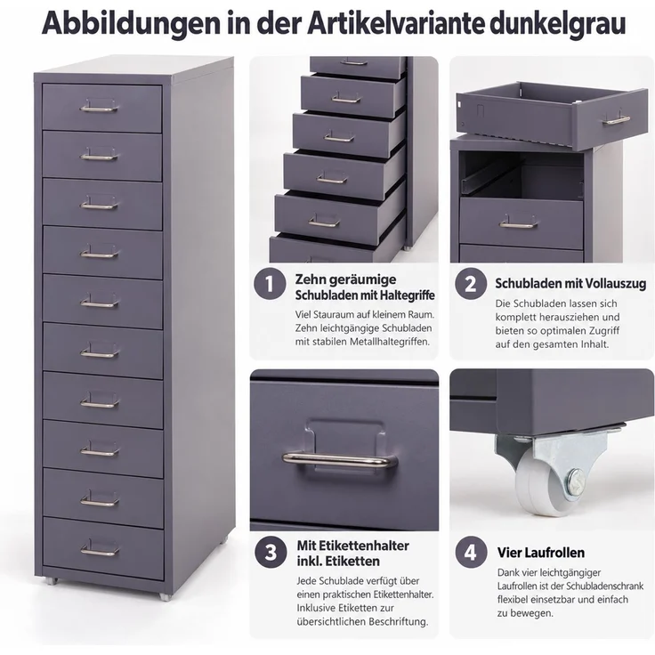 Rollcontainer Boston T851, Schubladenschrank Stahlschrank, 110x28x41cm 10 Schubladen ~ rot – Bild 2