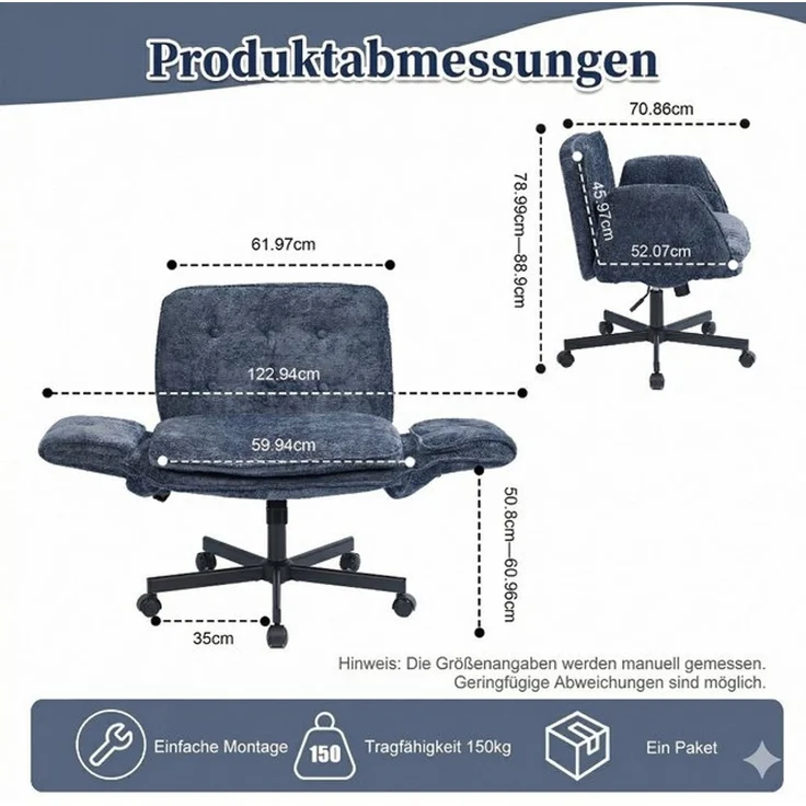 Leawin Drehstuhl Bürostuhl ergonomisch mit breitem Sitz & 5-fach Armlehnen, Schreibtischstuhl mit Chenille-Bezug, Rollen & 150 kg – Bild 4