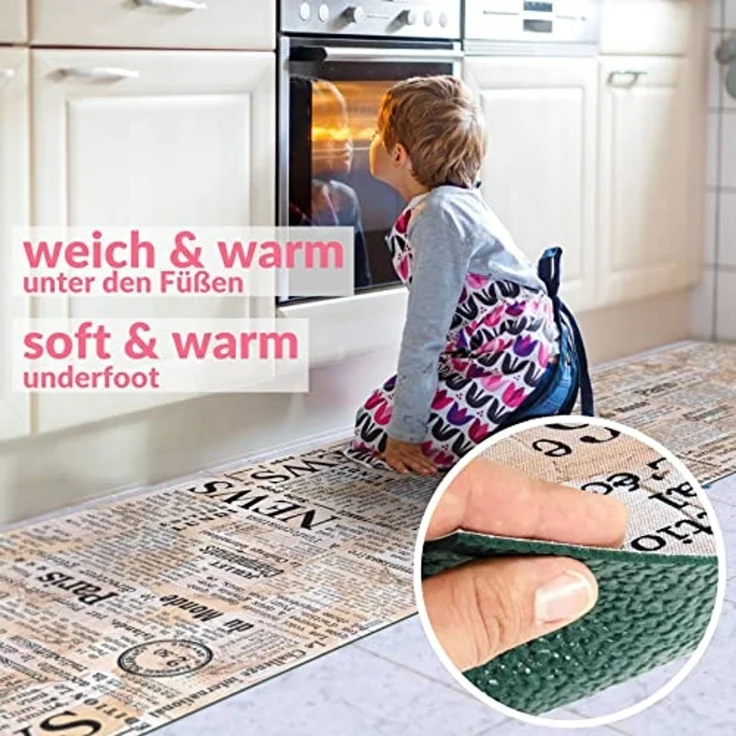 ANRO Küchenläufer Hochwertig GreenLine Flurläufer Teppichläufer Textil, Eckig, Bodenläufer 100x52cm Newspaper Beige pflegeleicht – Bild 7