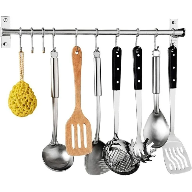 Refined Living Hakenleiste Edelstahl Küchenreling mit 12 Haken, Wandmontage, Bad Hakenleiste, (Edelstahl Hakenleiste, Wandhaken Küche, Hängeleiste Haken, Hakenleiste Wand, Küchenutensilienhalter, Küchenhaken mit Haken, Utensilienhalter Küche, Küchenhel... – Bild 1