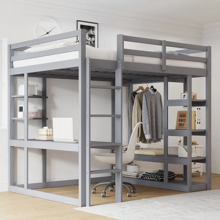 Hochbett 140x200 cm mit Schreibtisch und Stauraum,Kinder- & Jugendbett aus Massivholz,Leiter & Regale,Grau