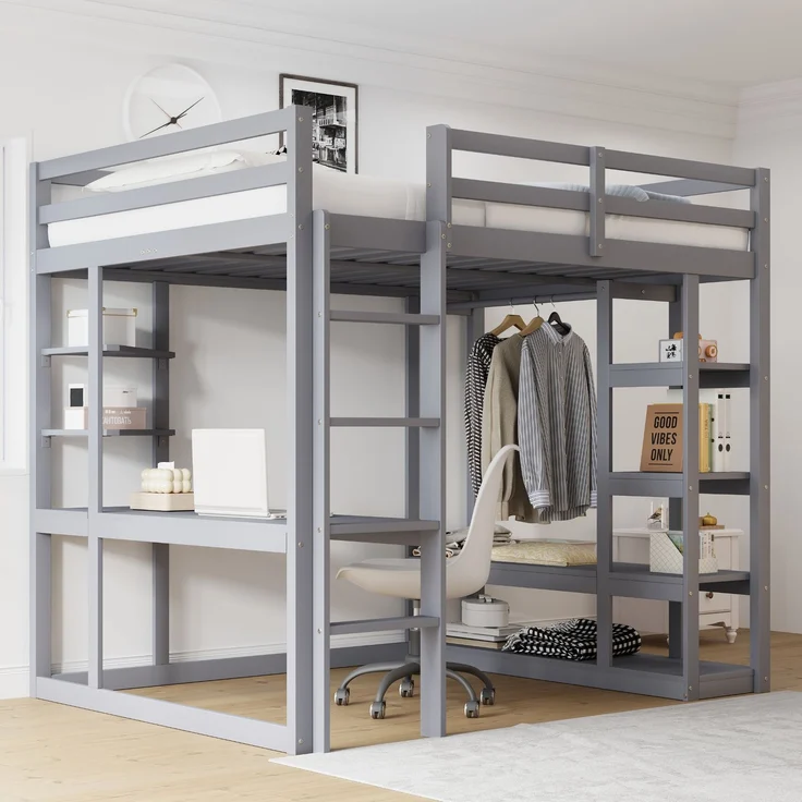 Hochbett 140x200 cm mit Schreibtisch und Stauraum,Kinder- & Jugendbett aus Massivholz,Leiter & Regale,Grau – Bild 1