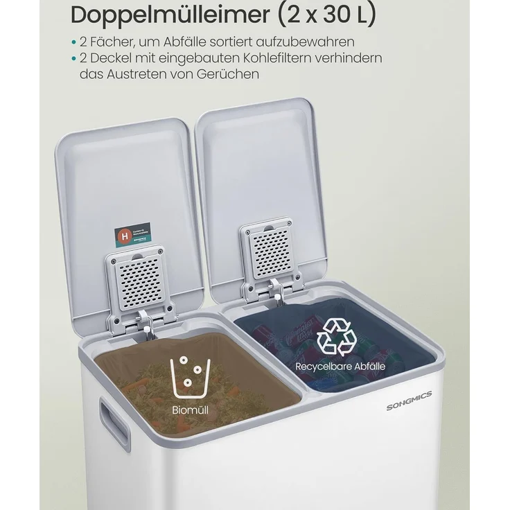 SONGMICS Mülleimer Küche, 2 x 30 Liter, 2 Fächer, Abfalleimer, Tretmülleimer, Küchenmülleimer mit Softclose-Deckel und Inneneimer, Stahl, inklusive 15 Müllbeutel – Bild 3