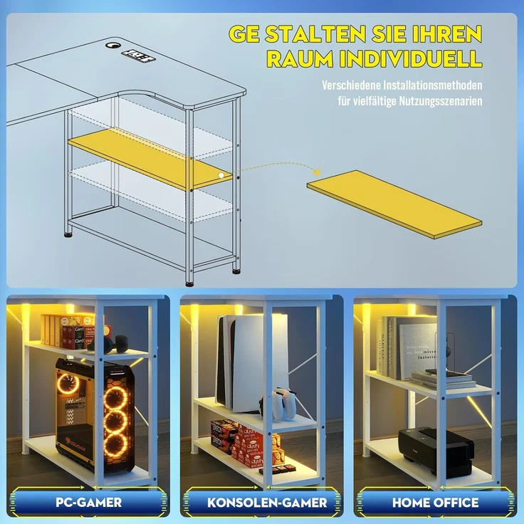 COMHOMA Schreibtisch Gaming Tisch mit Regal, Eckschreibtisch mit USB-Ladeanschluss und Steckdose, 140cm Computertisch L Form, PC Tisch für Büro, Heimbüro (weiß-130CM) – Bild 7