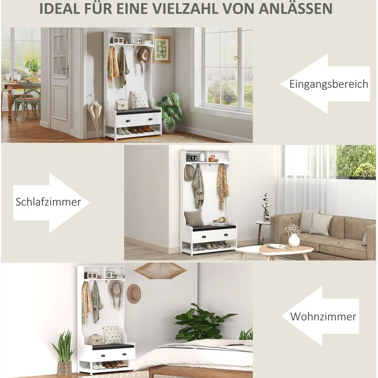 Faumrta 2-in-1 Garderobenständer, Kleiderständer mit 4 Haken, Garderobe mit Schuhbank und Ablagen, Jackenständer mit Kippschutz, für Eingangsbereich, Flur, Schlafzimmer, Weiß+Grau89CM*42CM*172CMWeißMDF (Medium-Density-Faserplatte) – Bild 6