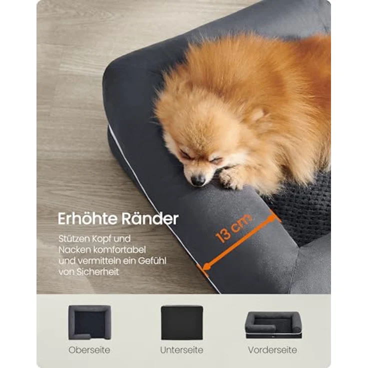 Feandrea Orthopädisches Hundebett, Hundekissen, Hundekorb, weiche Polsterung, Hundesofa, erhöhte Ränder, Bezug abnehmbar und waschbar, 76 x 51 x 18 cm, rutschfeste Unterseite, dunkelgrau PGW074G01 – Bild 5