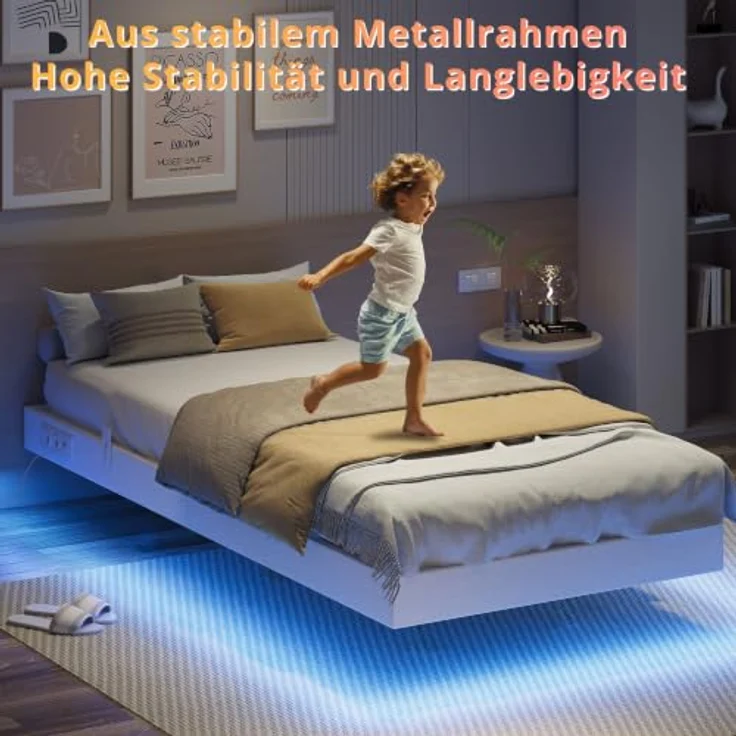 IRONCK Bettgestell 90x200 cm, Schwebender Bett mit LED Beleuchtung, Gepolsterte Seitenwände, 2 AC-Steckdosen, 2 USB-A-Anschluss, 1 USB-C-Anschluss, Metallbett mit Lattenrost Einzelbett, Weiß – Bild 5