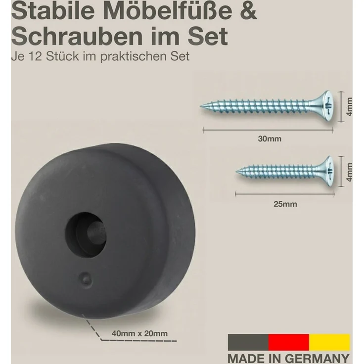 K-Möbel Möbelfüße Kunststoff 12 Stück 40x20mm inkl 25mm & 30mm Schrauben - Made in Germany - Füße für Möbel bis 300kg belastbar - Schrankfüße Schwarz - Möbelbeine für Schrank, Sofa, Tisch etc – Bild 2
