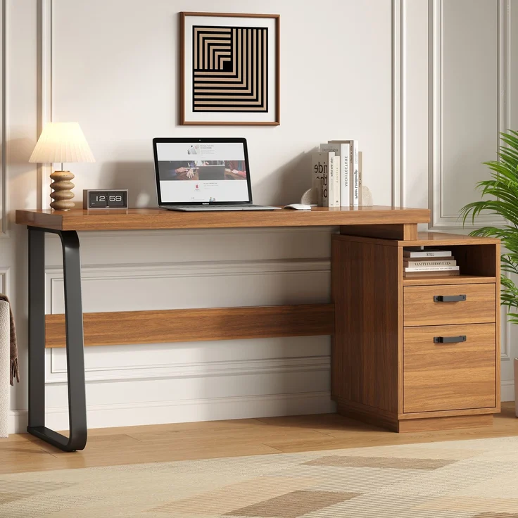 Flieks Schreibtisch 161 x 54 x 76.4 cm mit offenem Ablagefach, geräuscharmer Schublade und Stahlgestell, Walnussfarben – Bild 3
