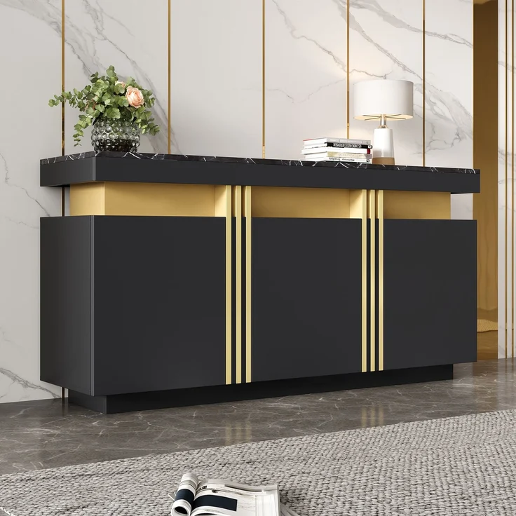 Merax 140*38*70cm Schwarz Sideboard-Display, 3 Türen, Esszimmerschrank mit verstellbaren Trennwänden, breite grifflose Schließfächer – Bild 7